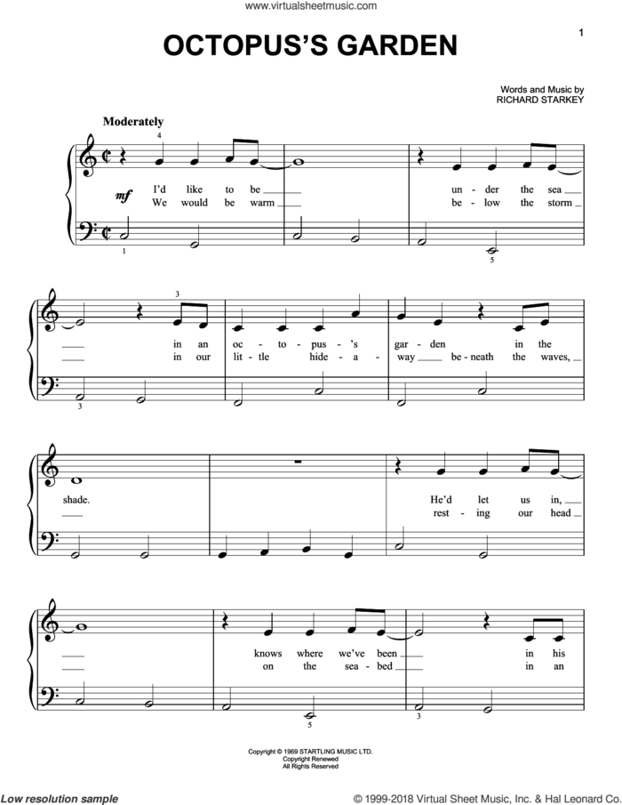 Octopus's Garden sheet music for piano solo by The Beatles and Richard Starkey, beginner skill level