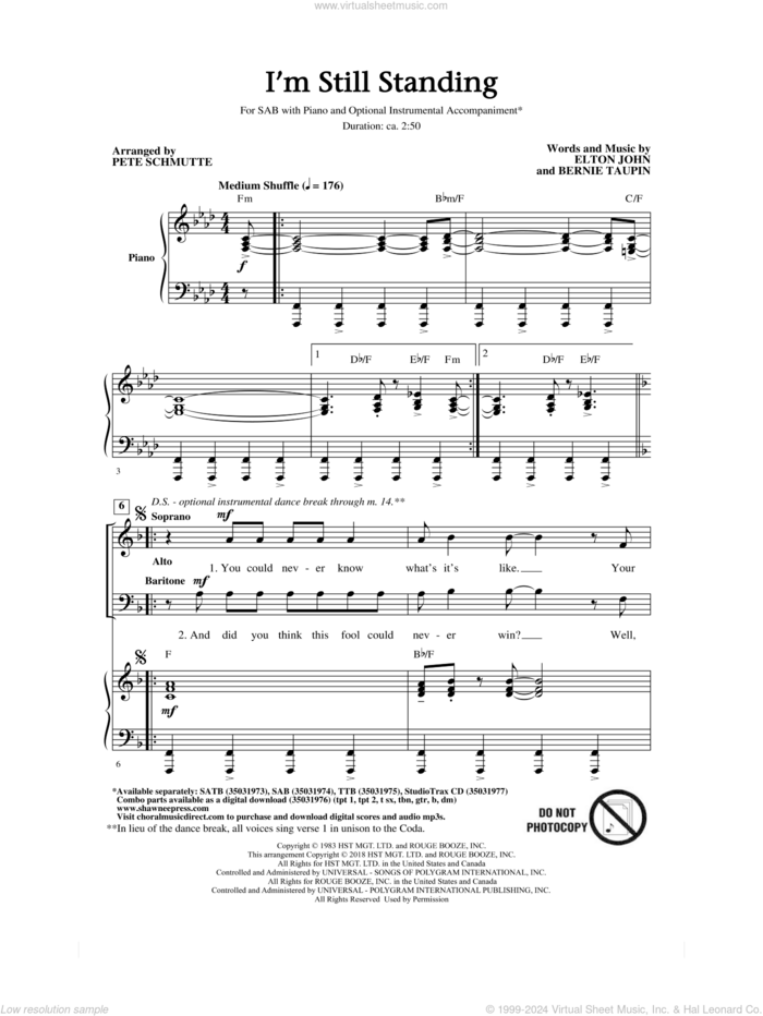 I'm Still Standing (arr. Pete Schmutte) sheet music for choir (SAB: soprano, alto, bass) by Elton John, Pete Schmutte and Bernie Taupin, intermediate skill level