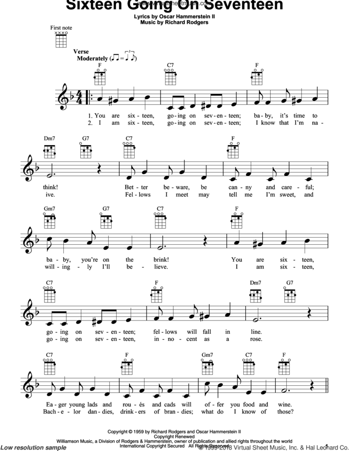 Sixteen Going On Seventeen sheet music for ukulele by Rodgers & Hammerstein, Oscar II Hammerstein and Richard Rodgers, intermediate skill level