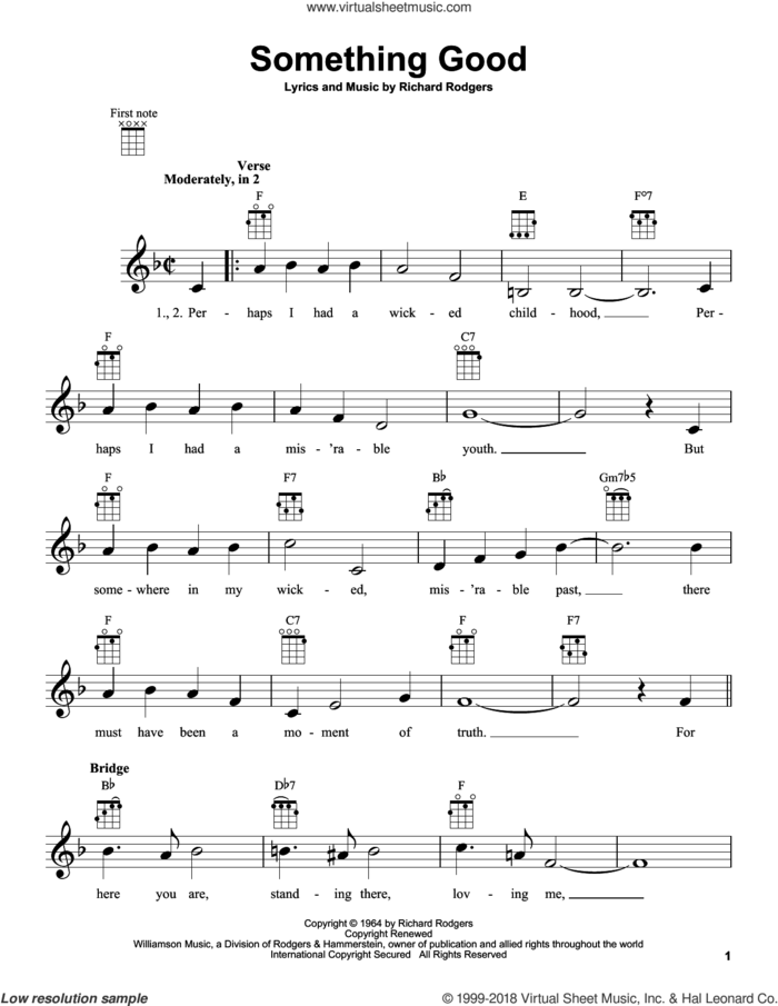 Something Good sheet music for ukulele by Rodgers & Hammerstein, Oscar II Hammerstein and Richard Rodgers, intermediate skill level