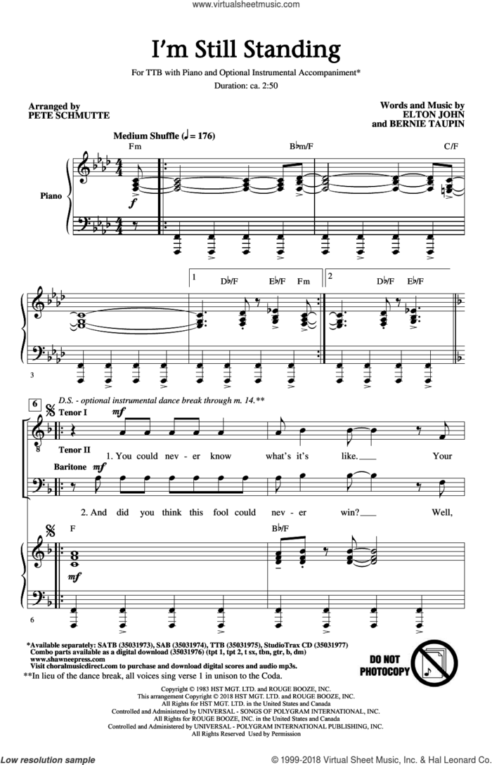 I'm Still Standing (arr. Pete Schmutte) sheet music for choir (TTBB: tenor, bass) by Elton John, Pete Schmutte and Bernie Taupin, intermediate skill level