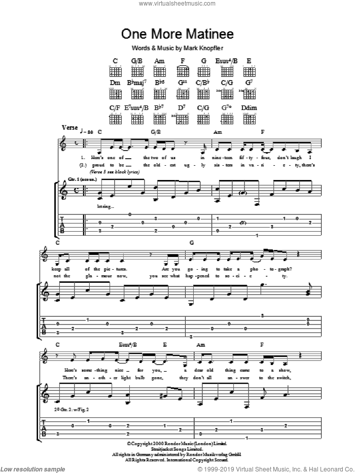 One More Matinee sheet music for guitar (tablature) by Mark Knopfler, intermediate skill level
