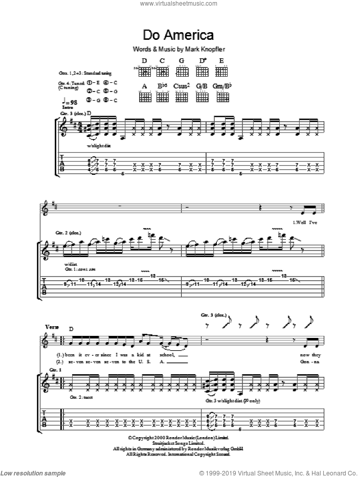 Do America sheet music for guitar (tablature) by Mark Knopfler, intermediate skill level