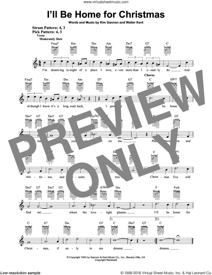 I'll Be Home For Christmas sheet music for guitar solo (chords) by Kim Gannon and Walter Kent, easy guitar (chords)