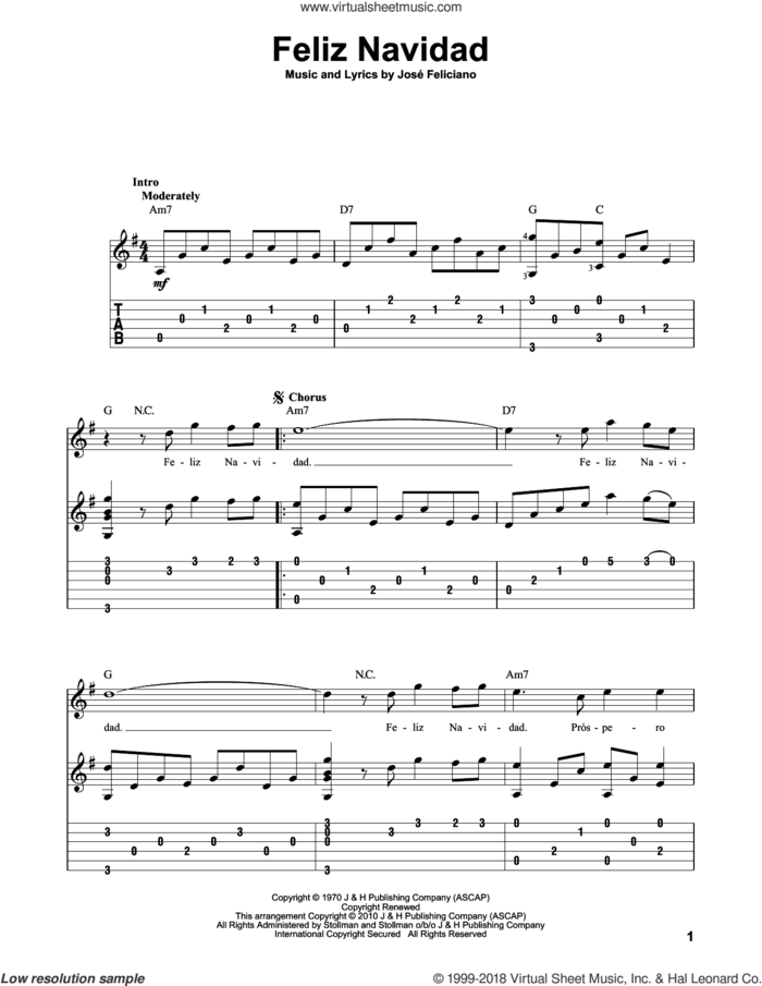 Feliz Navidad, (intermediate) sheet music for guitar solo by Jose Feliciano and Clay Walker, intermediate skill level