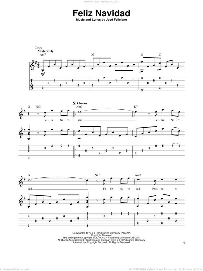 Feliz Navidad, (intermediate) sheet music for guitar solo by Jose Feliciano and Clay Walker, intermediate skill level