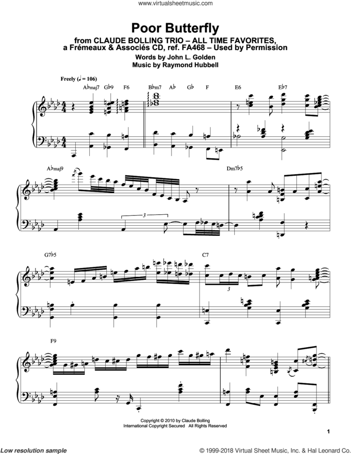 Poor Butterfly sheet music for piano solo (transcription) by Claude Bolling, John L. Golden and Raymond Hubbell, intermediate piano (transcription)