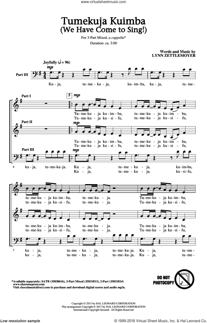 Tumekuja Kuimba (We Have Come To Sing!) sheet music for choir (3-Part Mixed) by Lynn Zettlemoyer, intermediate skill level