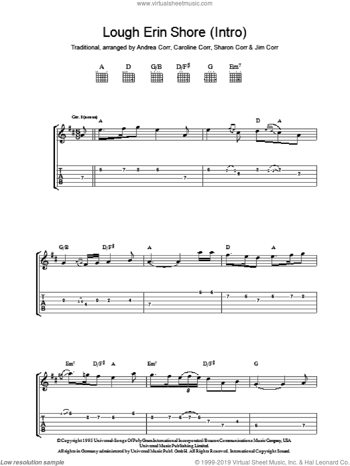 Lough Erin Shore sheet music for guitar (tablature) by The Corrs, Andrea Corr, Caroline Corr, Jim Corr, Sharon Corr and Miscellaneous, intermediate skill level