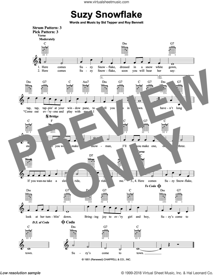 Suzy Snowflake sheet music for guitar solo (chords) by Sid Tepper and Roy Bennett, easy guitar (chords)