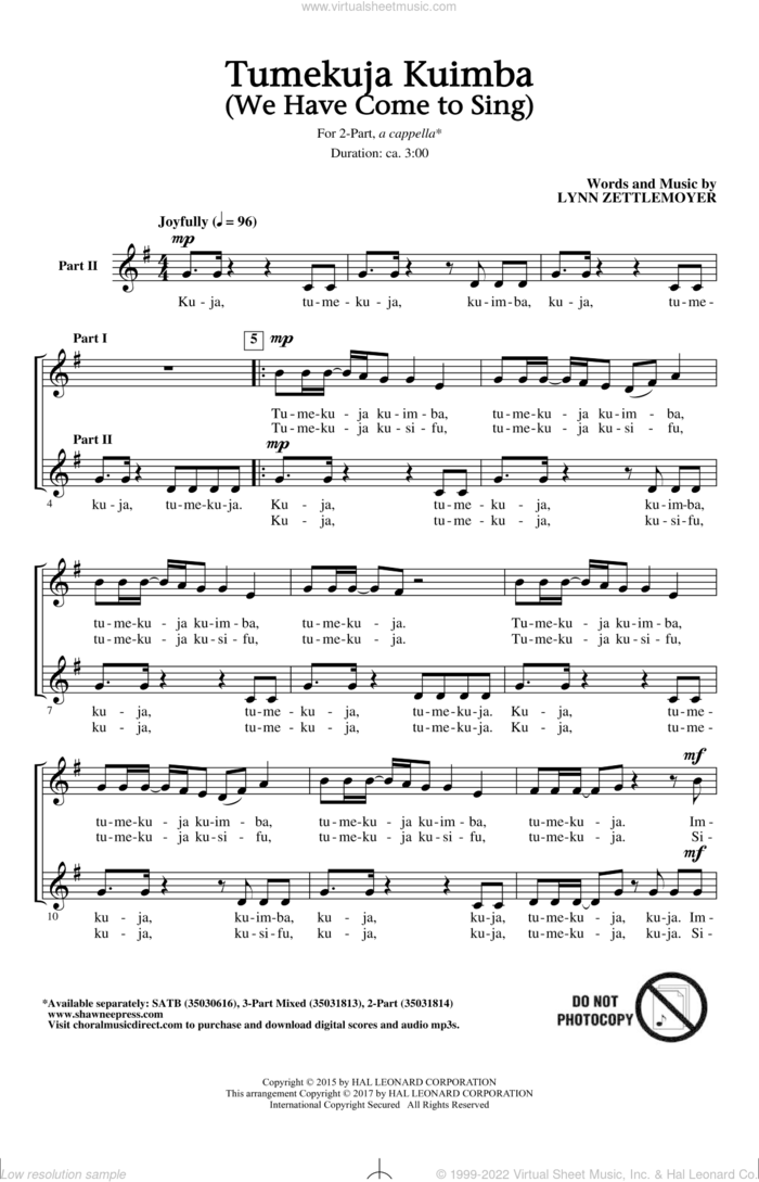 Tumekuja Kuimba (We Have Come To Sing!) sheet music for choir (2-Part) by Lynn Zettlemoyer, intermediate duet