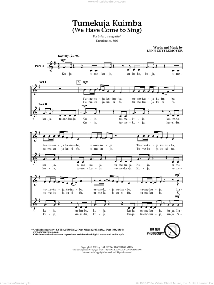 Tumekuja Kuimba (We Have Come To Sing!) sheet music for choir (2-Part) by Lynn Zettlemoyer, intermediate duet