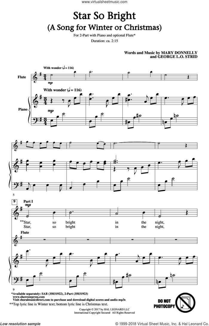 Star So Bright (A Song For Winter Or Christmas) sheet music for choir (2-Part) by Mary Donnelly, Mary Donnelly and George L.O. Strid and George L.O. Strid, intermediate duet