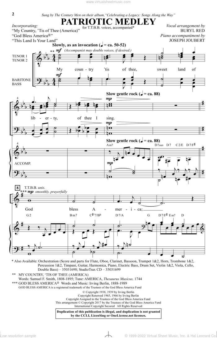 Patriotic Medley sheet music for choir (TTBB: tenor, bass) by Samuel Francis Smith, Buryl Red, Irving Berlin, Joseph Joubert, Woody Guthrie and Thesaurus Musicus, intermediate skill level