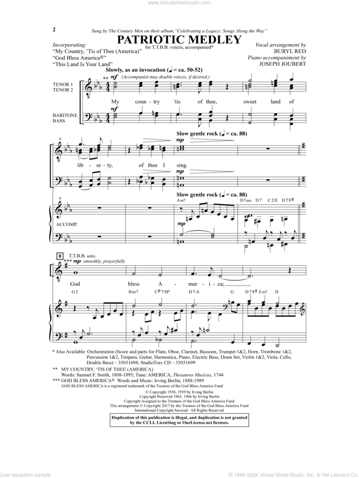 Patriotic Medley sheet music for choir (TTBB: tenor, bass) by Samuel Francis Smith, Buryl Red, Irving Berlin, Joseph Joubert, Woody Guthrie and Thesaurus Musicus, intermediate skill level