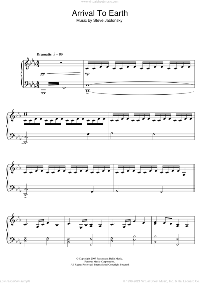 Transformers - Arrival To Earth sheet music for piano solo by Steve Jablonsky, intermediate skill level