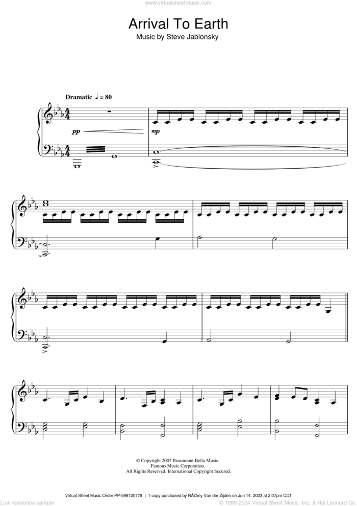 Transformers - Arrival To Earth sheet music for piano solo by Steve Jablonsky, intermediate skill level