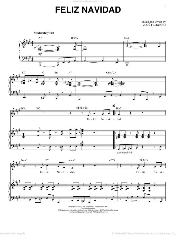 Feliz Navidad sheet music for voice and piano by Celine Dion, Clay Walker and Jose Feliciano, intermediate skill level