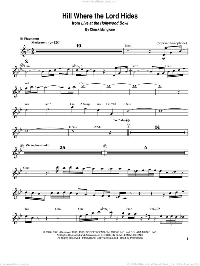 Hill Where The Lord Hides sheet music for trumpet solo (transcription) by Chuck Mangione, intermediate trumpet (transcription)