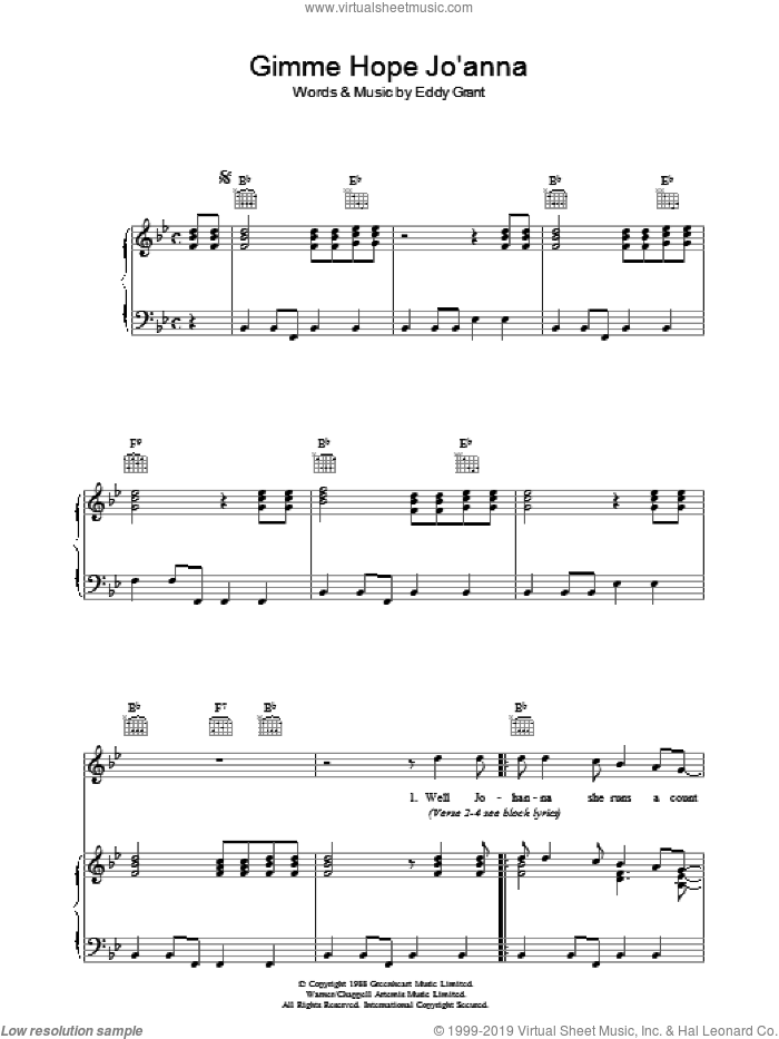 Gimme Hope Jo'anna sheet music for voice, piano or guitar by Eddy Grant, intermediate skill level