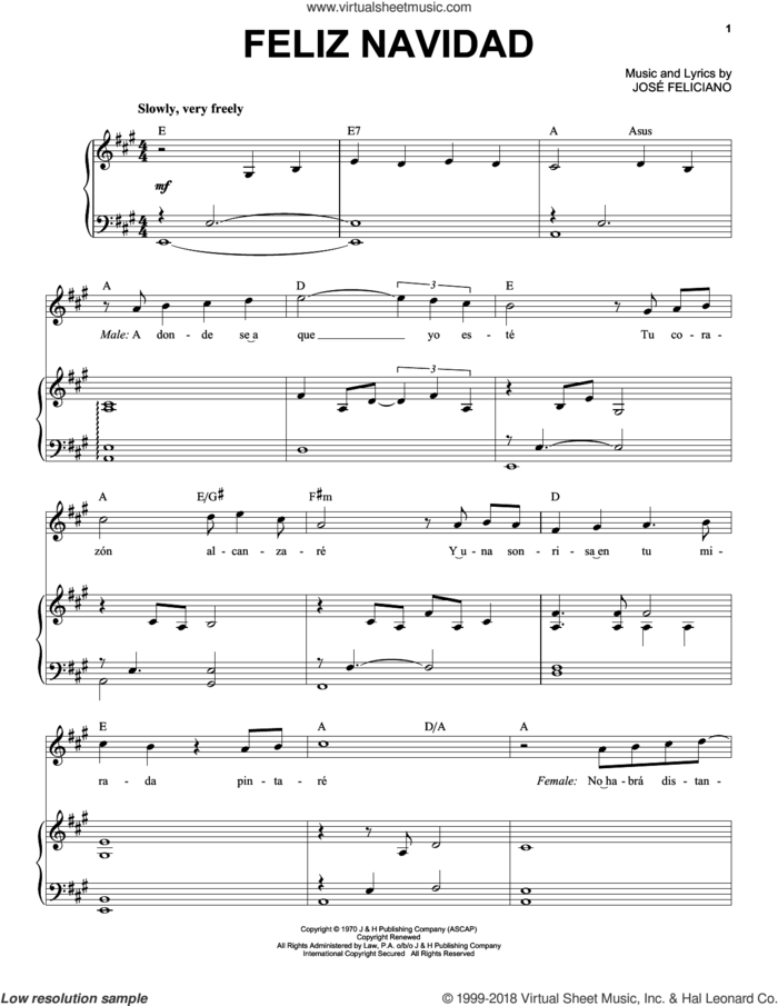 Feliz Navidad sheet music for voice and piano by Jose Feliciano, Clay Walker and Michael Buble, intermediate skill level