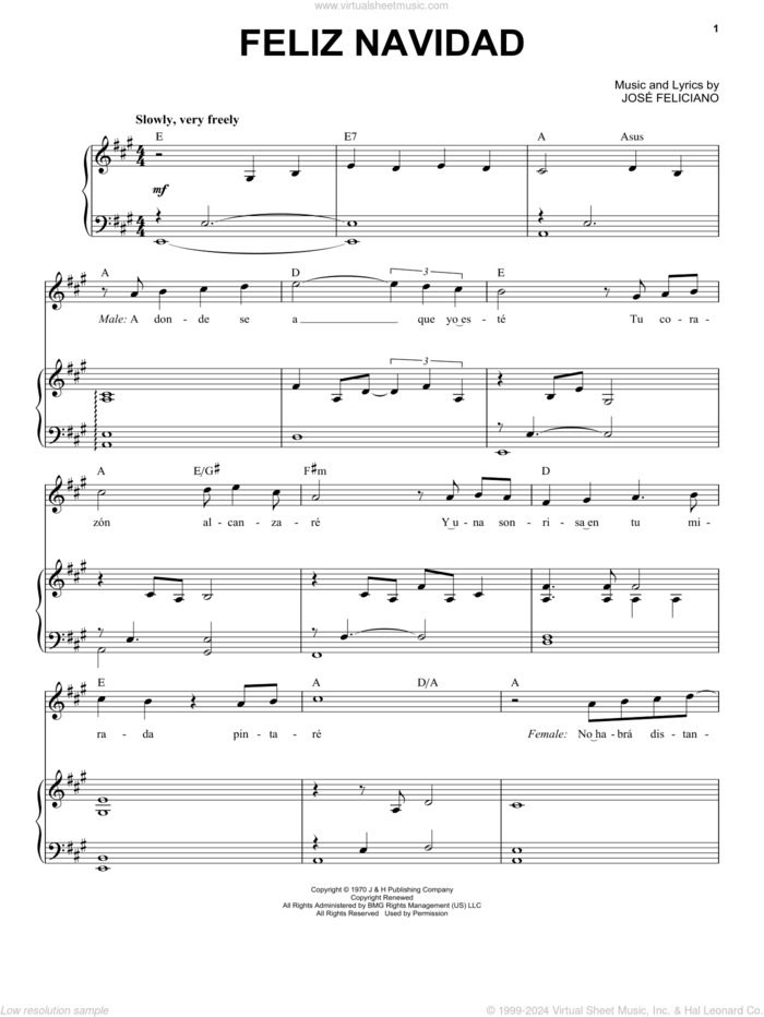 Feliz Navidad sheet music for voice and piano by Jose Feliciano, Clay Walker and Michael Buble, intermediate skill level