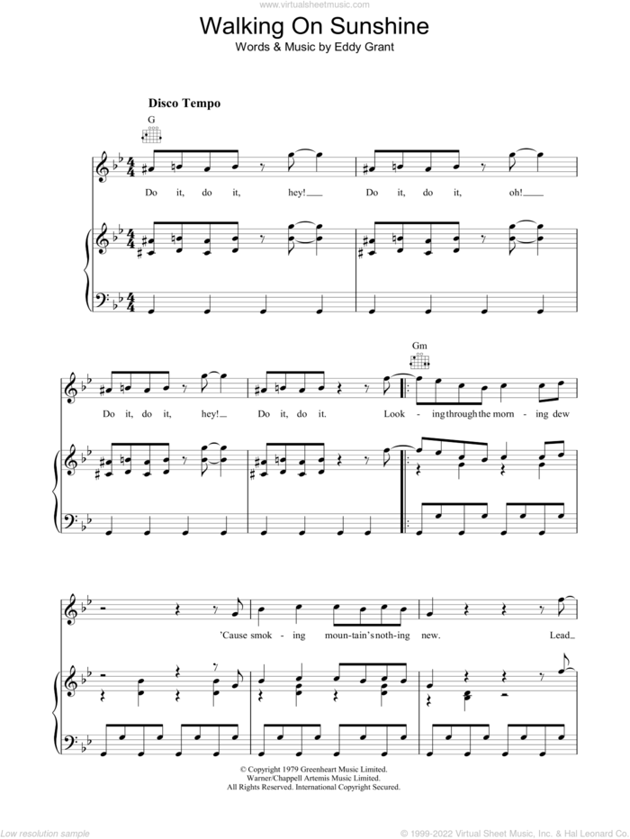 Walking On Sunshine sheet music for voice, piano or guitar by Eddy Grant, intermediate skill level