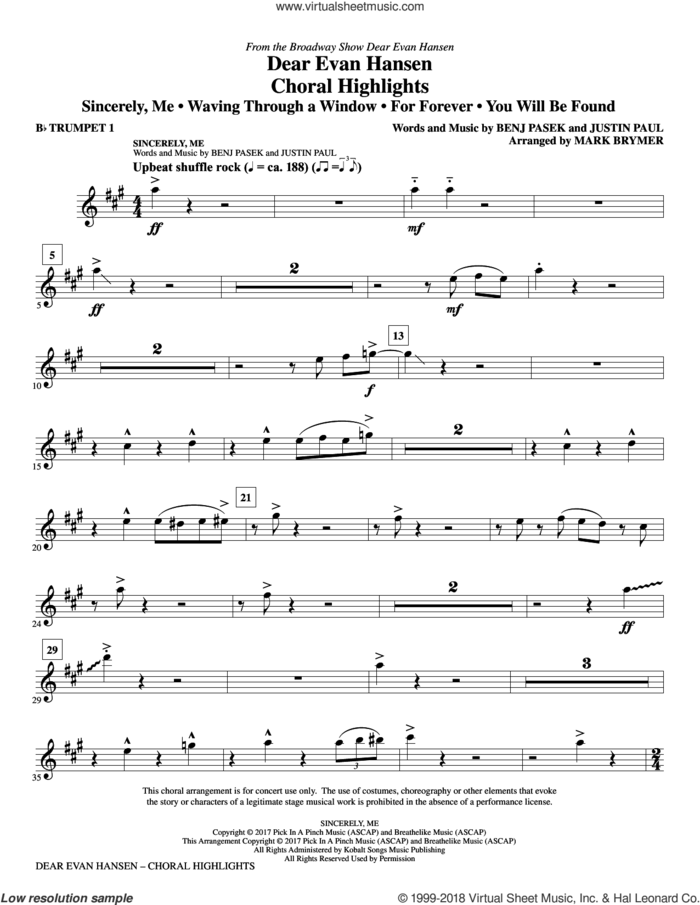 Dear Evan Hansen (Choral Highlights) (complete set of parts) sheet music for orchestra/band by Mark Brymer, Benj Pasek and Justin Paul, intermediate skill level