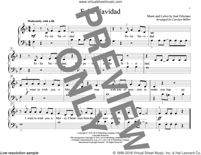 Feliz Navidad sheet music for piano solo (elementary) by Jose Feliciano, Carolyn Miller, Clay Walker and John Thompson, beginner piano (elementary)