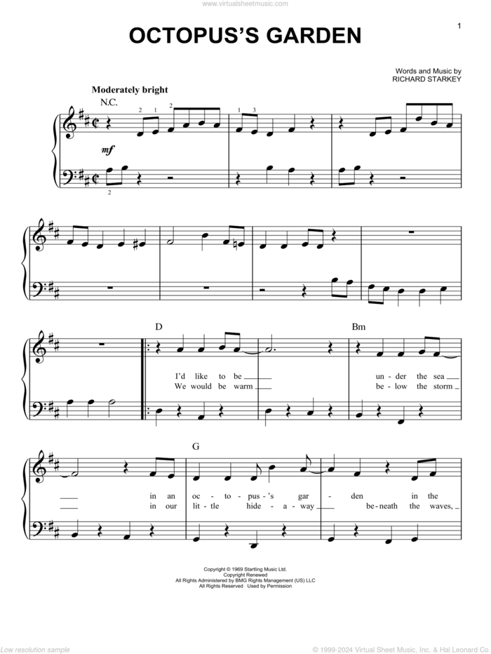 Octopus's Garden sheet music for piano solo by The Beatles and Richard Starkey, beginner skill level