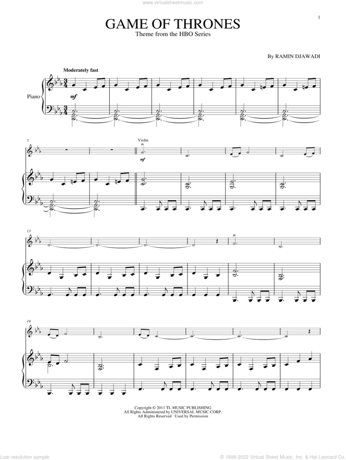 Game Of Thrones - Main Title sheet music for violin and piano by Ramin Djawadi and Game Of Thrones (TV Series), intermediate skill level