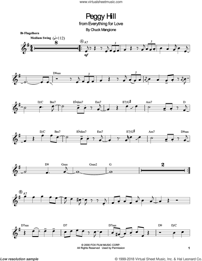 Peggy Hill sheet music for trumpet solo (transcription) by Chuck Mangione, intermediate trumpet (transcription)