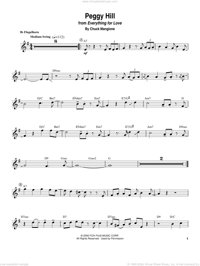 Peggy Hill sheet music for trumpet solo (transcription) by Chuck Mangione, intermediate trumpet (transcription)