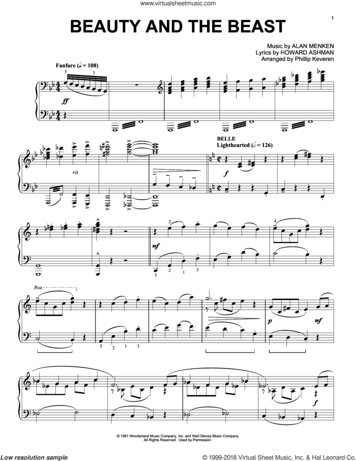 Beauty and the Beast Medley (arr. Phillip Keveren) sheet music for piano solo by Alan Menken, Phillip Keveren, Alan Menken & Howard Ashman and Howard Ashman, intermediate skill level