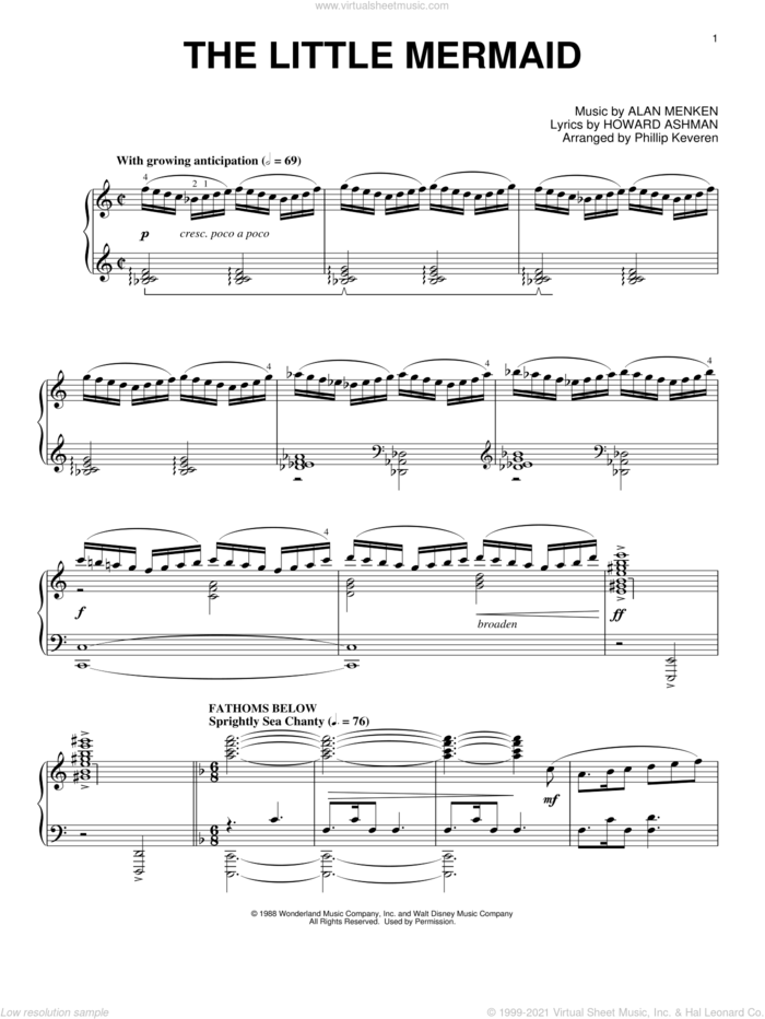 The Little Mermaid Medley (arr. Phillip Keveren) sheet music for piano solo by Alan Menken & Howard Ashman, Phillip Keveren, Alan Menken and Howard Ashman, intermediate skill level