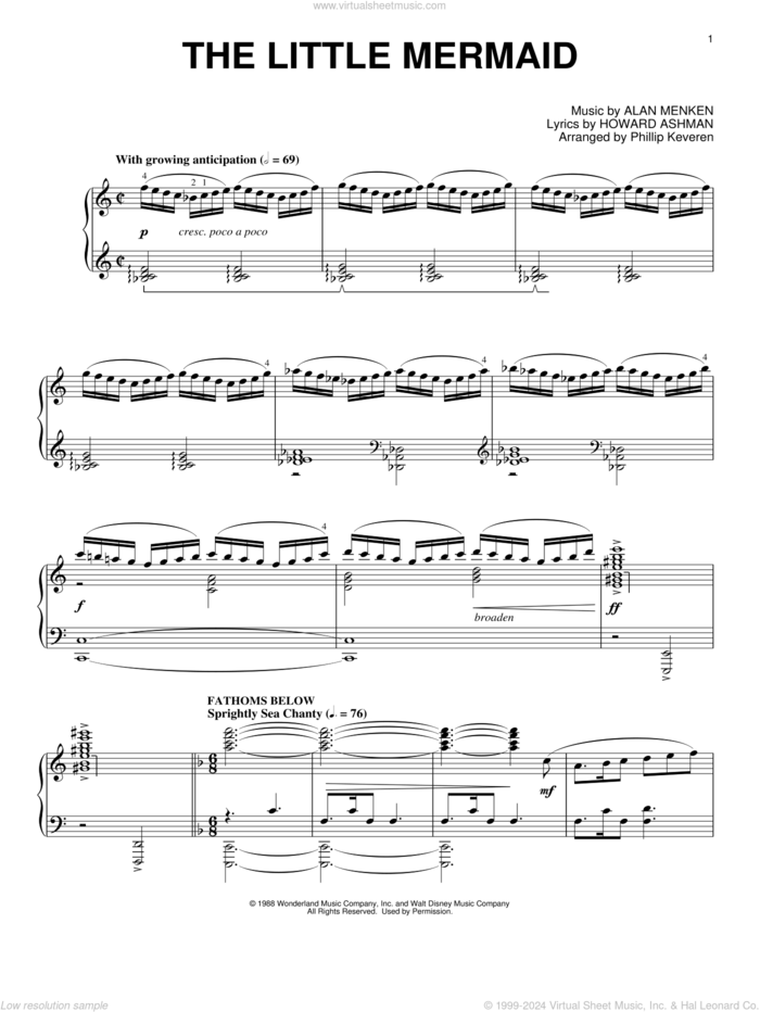 The Little Mermaid Medley (arr. Phillip Keveren) sheet music for piano solo by Alan Menken & Howard Ashman, Phillip Keveren, Alan Menken and Howard Ashman, intermediate skill level