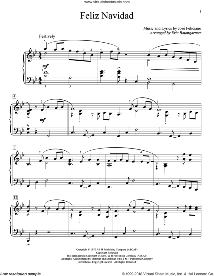 Feliz Navidad sheet music for piano solo (elementary) by Jose Feliciano and Clay Walker, beginner piano (elementary)