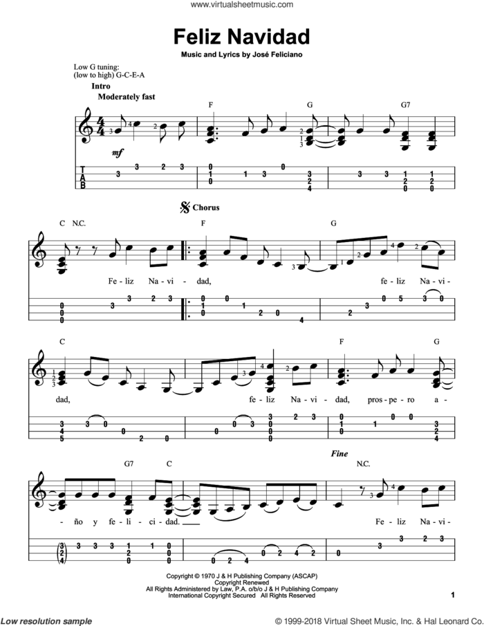 Feliz Navidad sheet music for ukulele (easy tablature) (ukulele easy tab) by Jose Feliciano, intermediate skill level