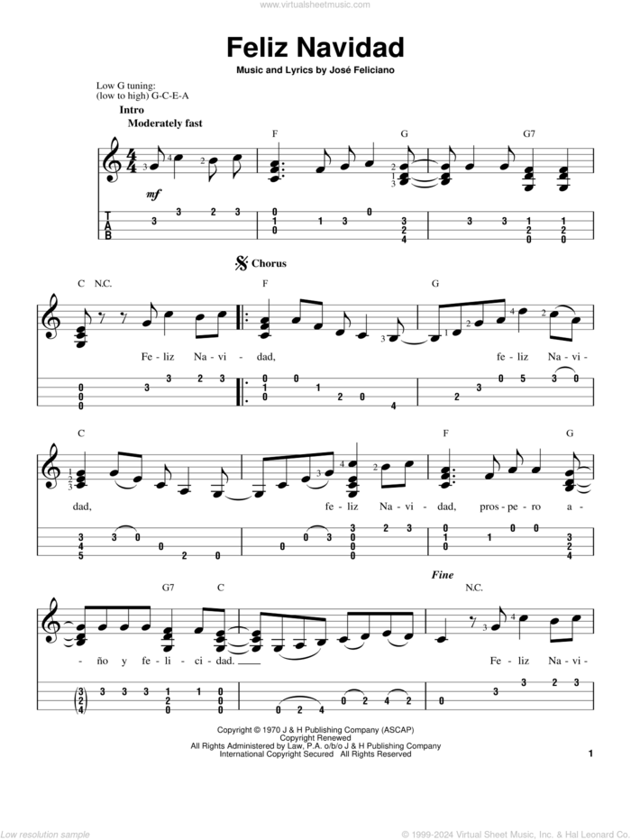 Feliz Navidad sheet music for ukulele (easy tablature) (ukulele easy tab) by Jose Feliciano, intermediate skill level