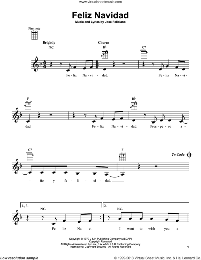 Feliz Navidad (arr. Fred Sokolow) sheet music for ukulele by Jose Feliciano and Clay Walker, intermediate skill level