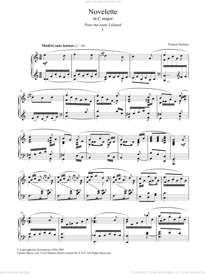 Novelette In C Major, I sheet music for piano solo by Francis Poulenc, classical score, intermediate skill level