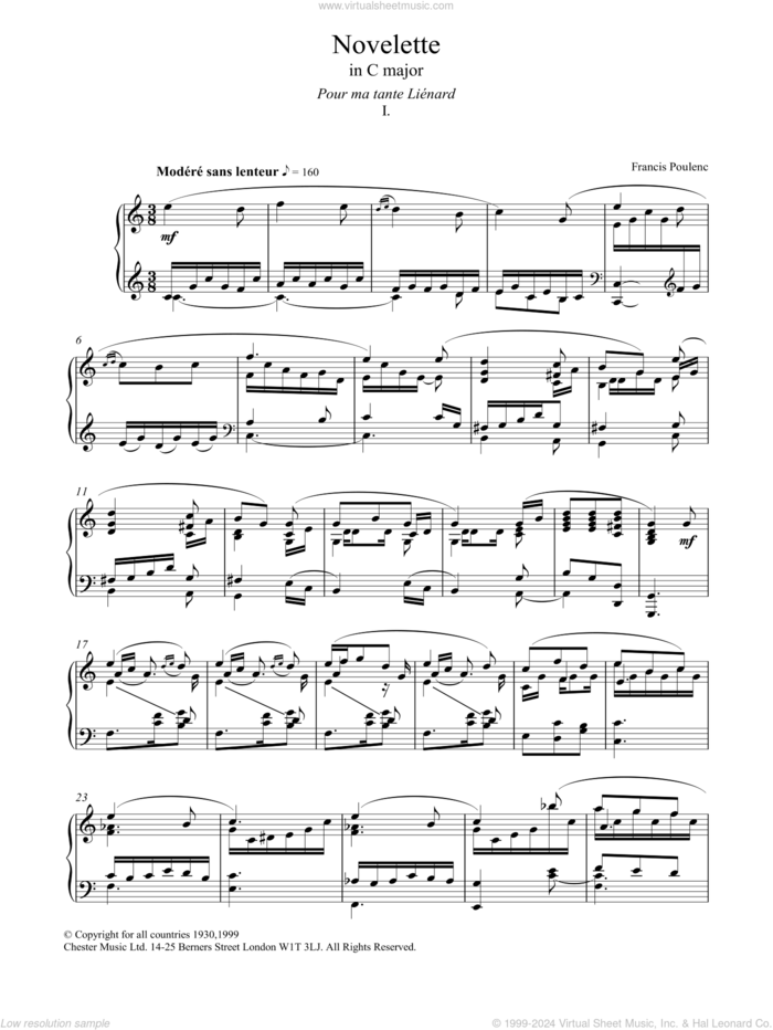 Novelette In C Major, I sheet music for piano solo by Francis Poulenc, classical score, intermediate skill level