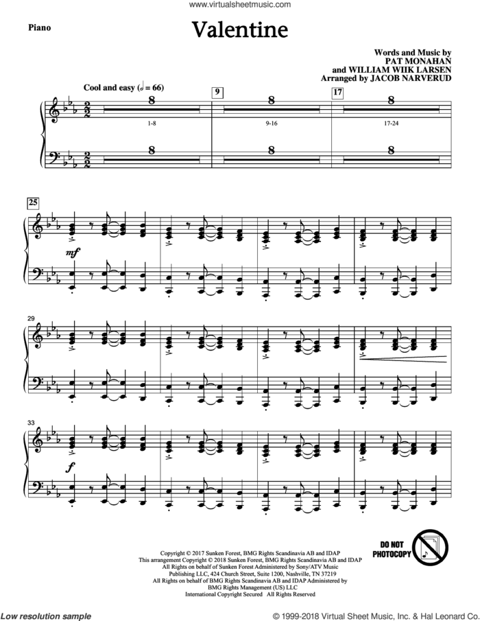 Valentine (complete set of parts) sheet music for orchestra/band by Train, Jacob Narverud, Pat Monahan and William Wiik Larsen, intermediate skill level