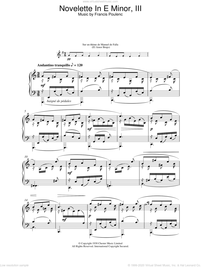 Novelette In E Minor, III sheet music for piano solo by Francis Poulenc, classical score, intermediate skill level