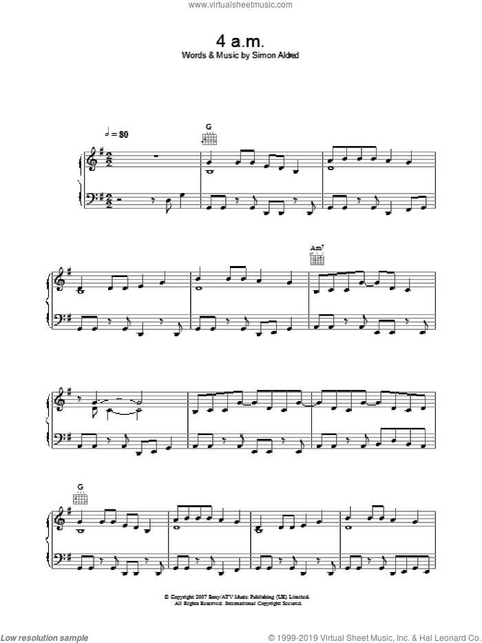 4am sheet music for voice, piano or guitar by Cherry Ghost and Simon Aldred, intermediate skill level