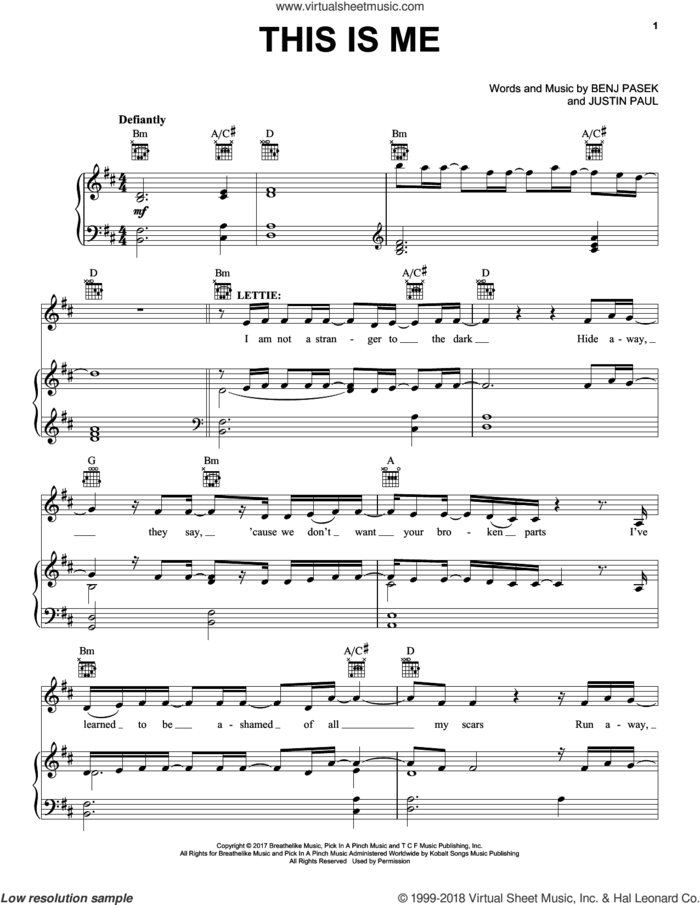 This Is Me (from The Greatest Showman) sheet music for voice, piano or guitar plus backing track by Pasek & Paul, Benj Pasek and Justin Paul, intermediate skill level