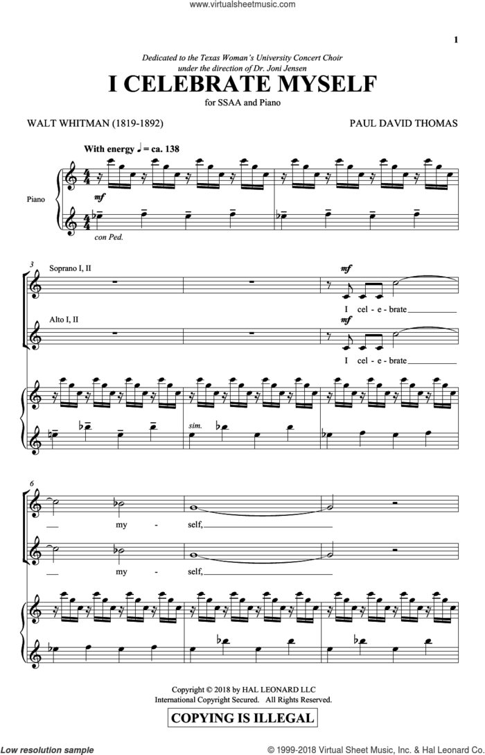 I Celebrate Myself sheet music for choir (SSA: soprano, alto) by Paul David Thomas and Walt Whitman (1819-1892), intermediate skill level