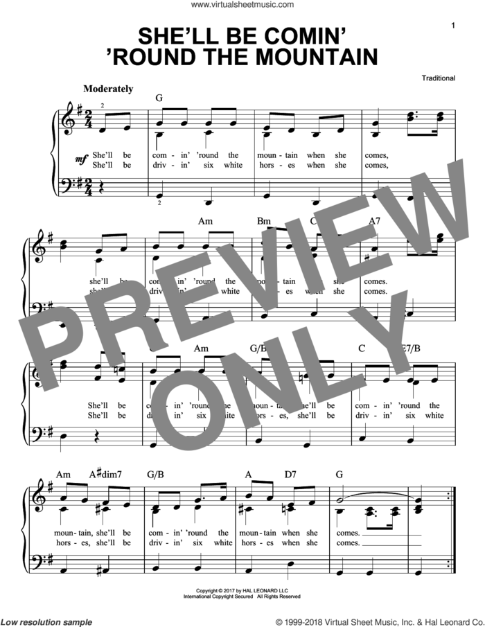 She'll Be Comin' 'Round The Mountain sheet music for piano solo, beginner skill level