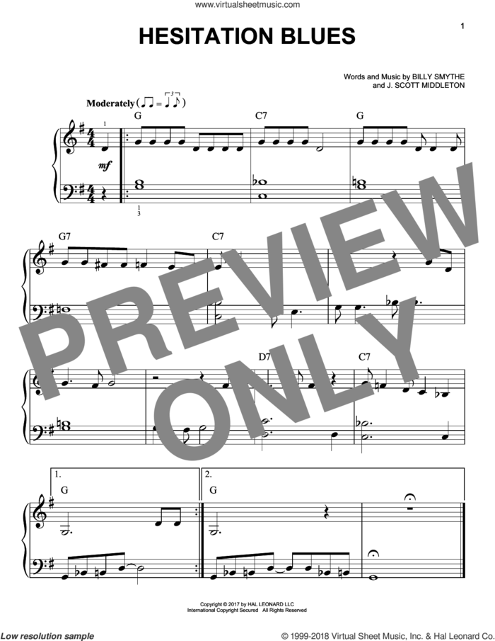 Hesitation Blues sheet music for piano solo by Billy Smythe and J. Scott Middleton, beginner skill level