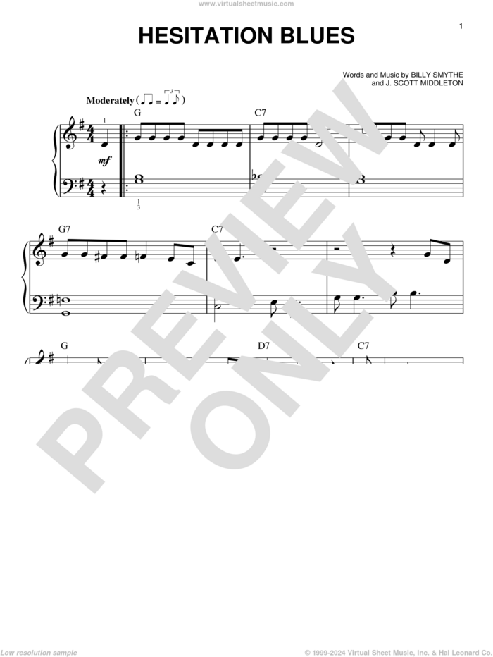 Hesitation Blues sheet music for piano solo by Billy Smythe and J. Scott Middleton, beginner skill level